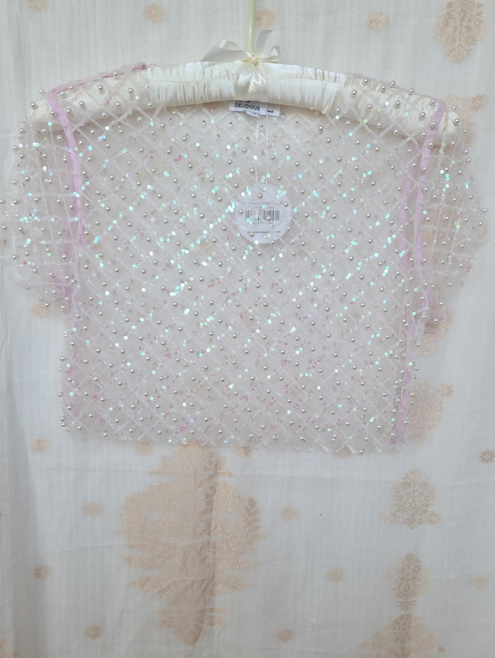 NWT Hot & Delicious Sheer Pink Pearl-Studded Crop Top